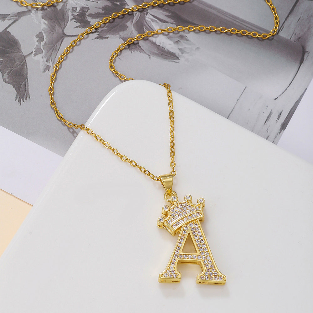 1PCS Fashionable Gold Diamond Crown Uppercase Letter Popular Pendant Necklace Suitable For Daily Use Festivals Parties Gifts Jewelry Set.