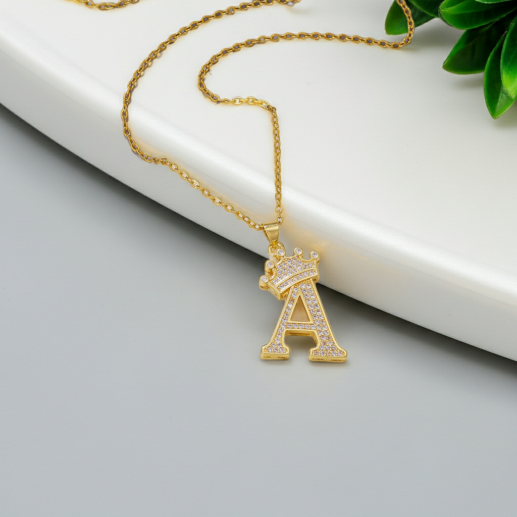 1PCS Fashionable Gold Diamond Crown Uppercase Letter Popular Pendant Necklace Suitable For Daily Use Festivals Parties Gifts Jewelry Set.