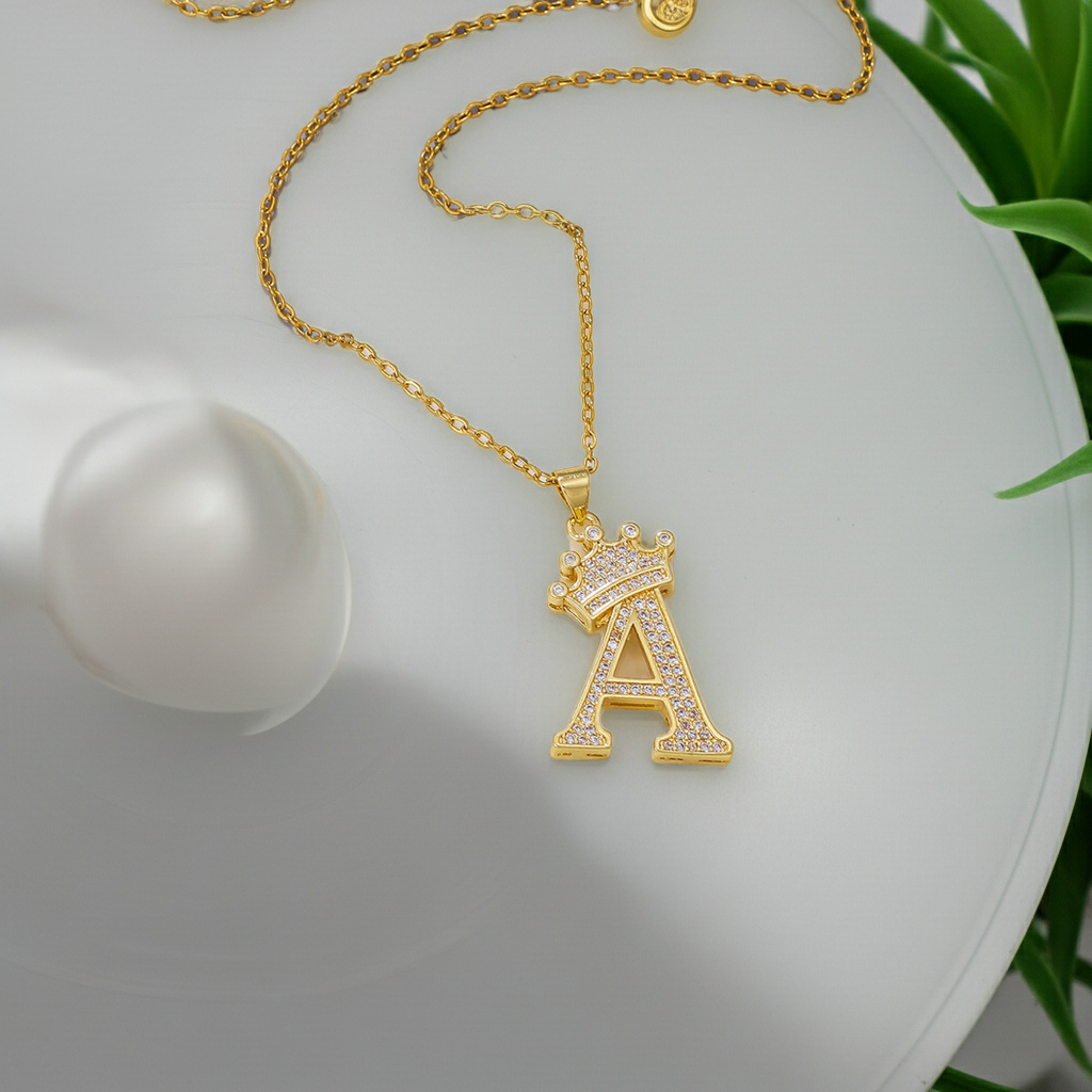 1PCS Fashionable Gold Diamond Crown Uppercase Letter Popular Pendant Necklace Suitable For Daily Use Festivals Parties Gifts Jewelry Set.