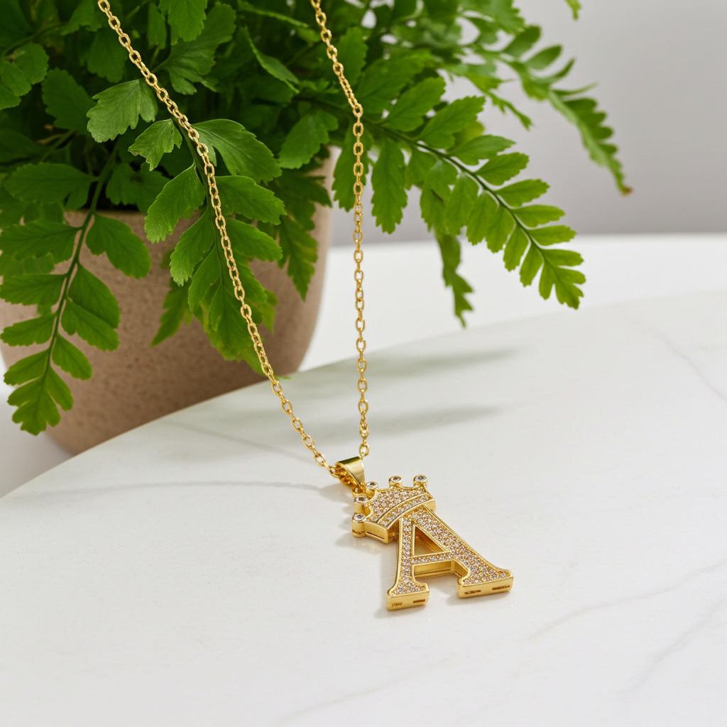 1PCS Fashionable Gold Diamond Crown Uppercase Letter Popular Pendant Necklace Suitable For Daily Use Festivals Parties Gifts Jewelry Set.