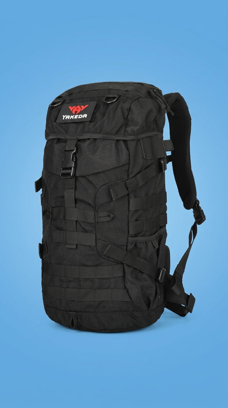 60L black tactical camping backpack with MOLLE system, front view