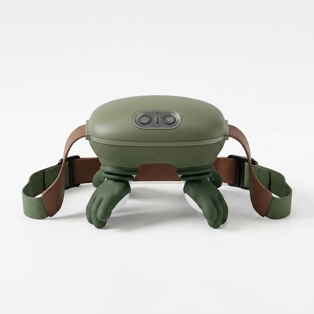 Electric neck massager with green fabric body and silicone massage nodes, front view