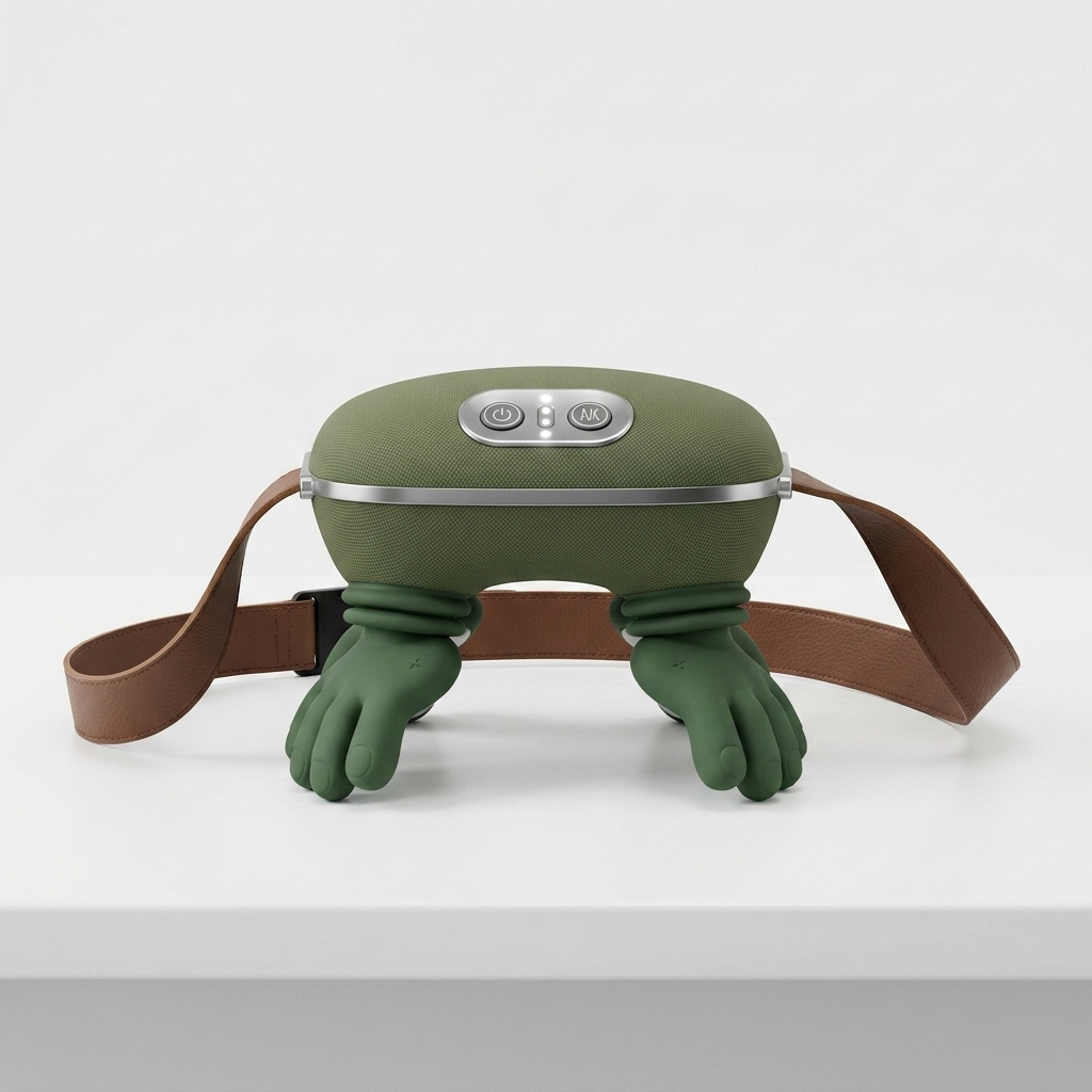 Electric neck massager with green fabric body and silicone massage nodes, top view