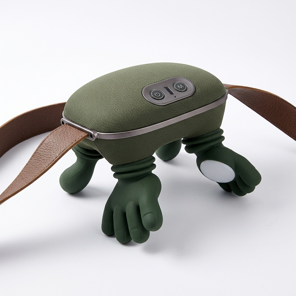Electric neck massager with green fabric body and silicone massage nodes, angle view