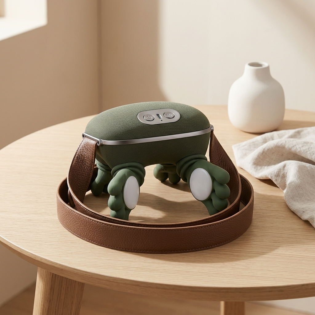 Electric neck massager displayed on wooden table with lifestyle setting